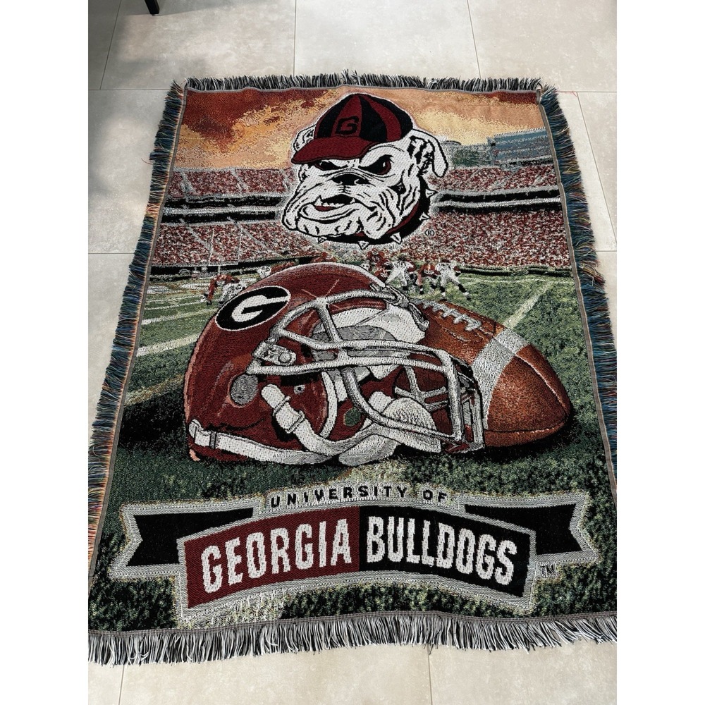 Vintage University Of Georgia Tapestry Fringe Throw Lap Blanket Bulldogs 58x44